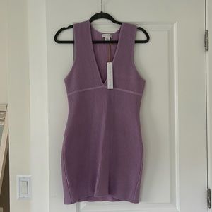 HOUSE OF HARLOW 1969 PURPLE RIBBED PLUNGING NECKLINE BODYCON MINI DRESS